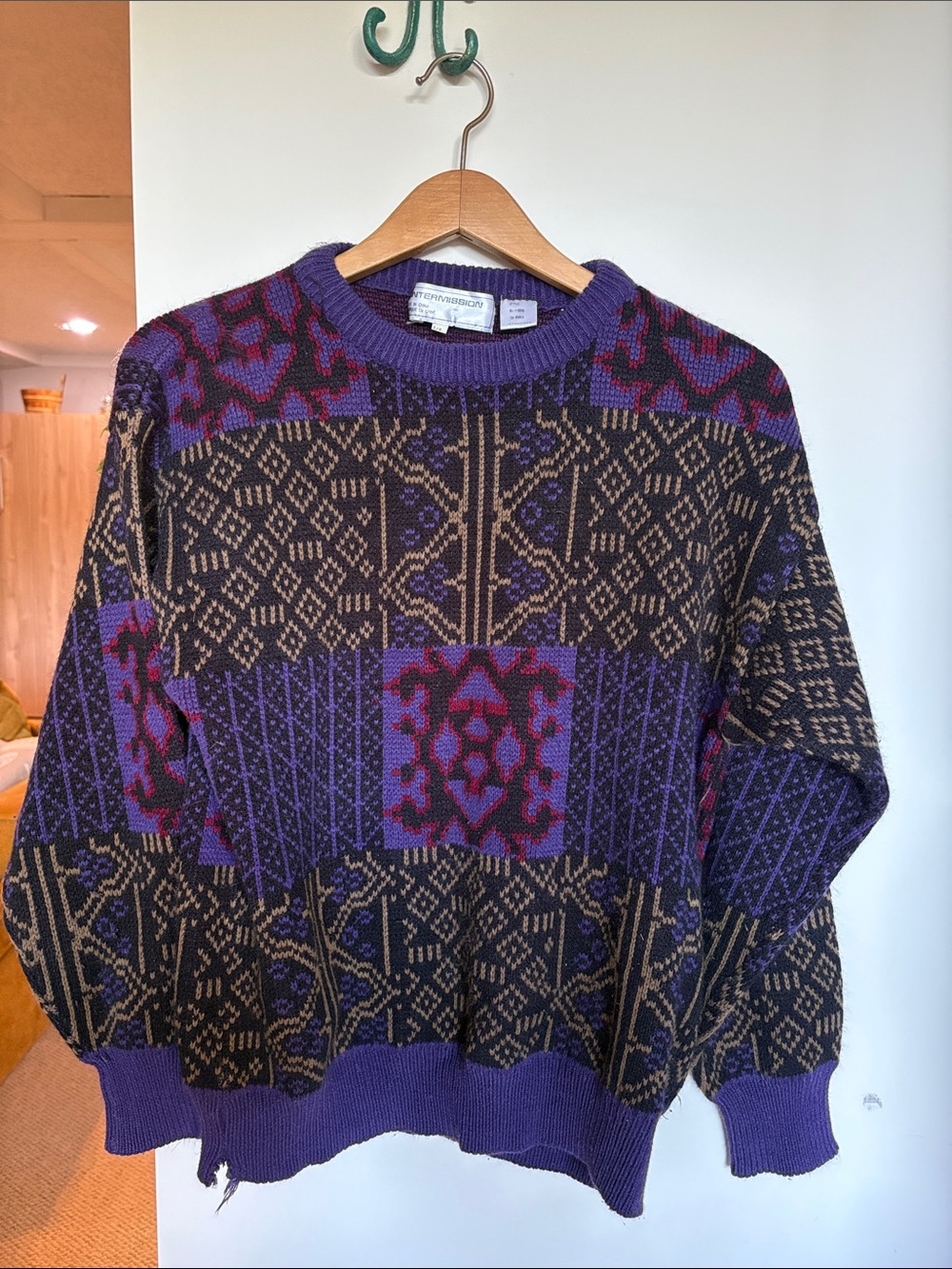 Vintage Intermission Geometric Patchwork Knit Sweater Purple S